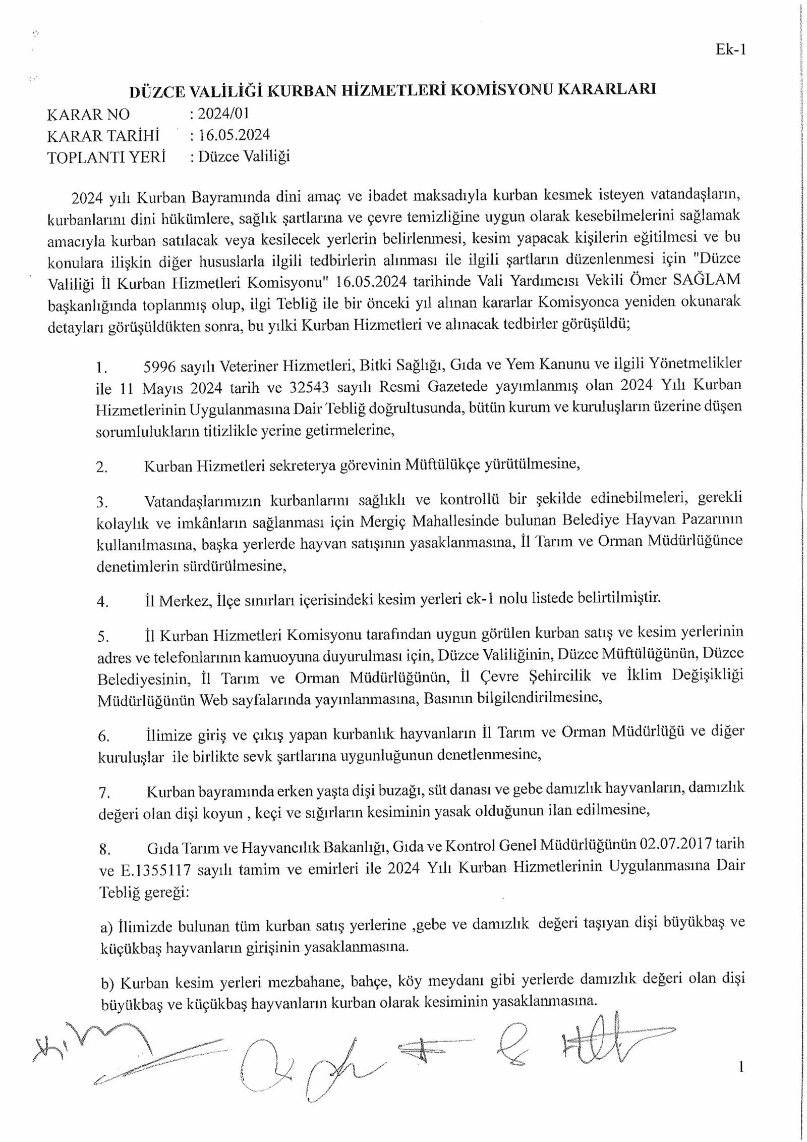 DÜZCE VALİLİĞİ KURBAN HİZMETLERİ KOMİSYONU KARARLARI